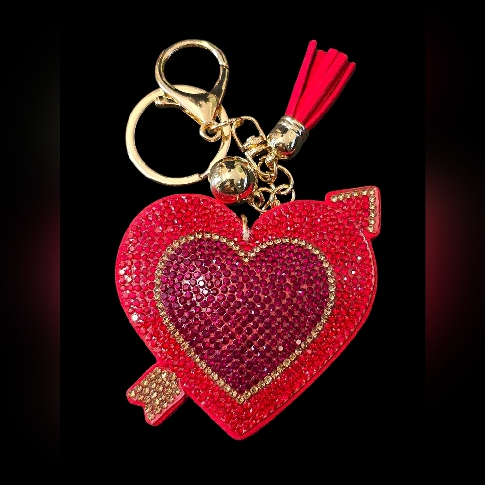 Heart-Shaped Red Bag Charm Keychain with Gold Accents